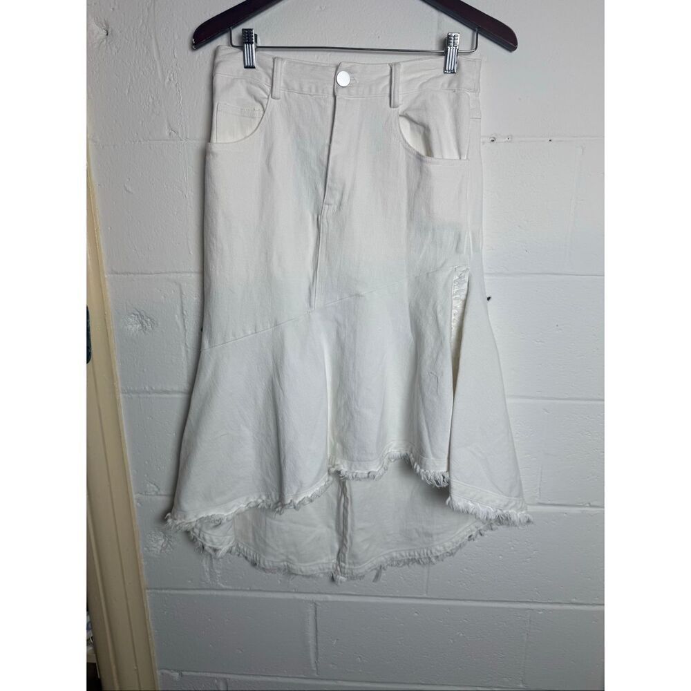 Street White Denim High Low Midi Skirt Women’s Small Modest Raw Hem